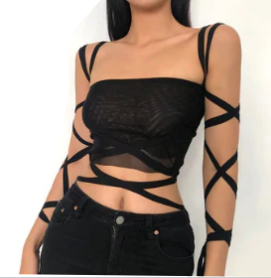 Black Mesh Lace Up Bandage Crop Top  (SIZES= S to L)
