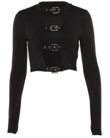 Crop Top Hollow Out Buckle Long Sleeve-EMO-Punk-Gothic