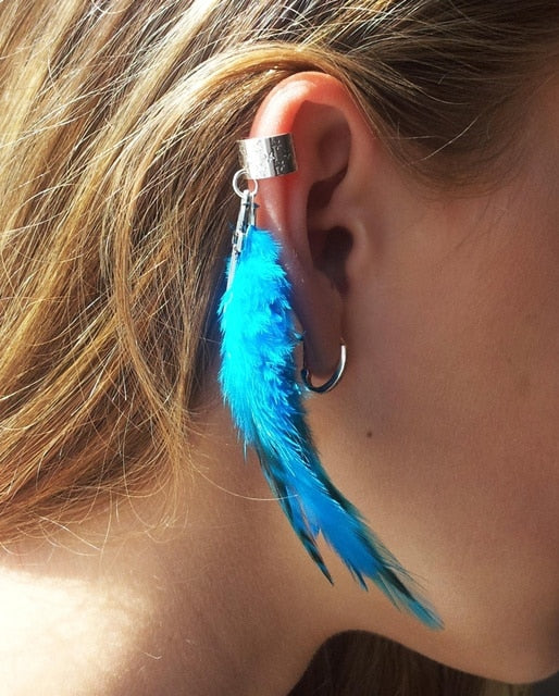 Long Feather Leather Earring - Gold Pebbled