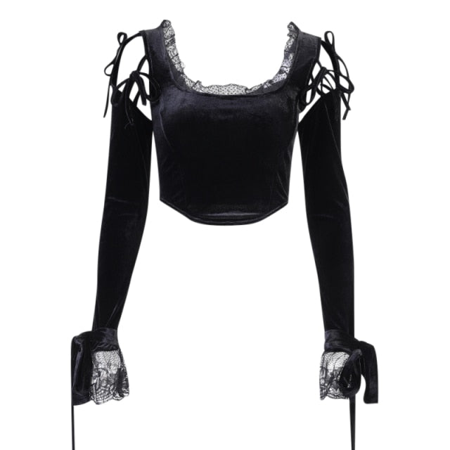 Long Sleeve Lace Hollow Out Black Crop Top