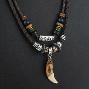 Wolf Tooth Leather Beaded Weaved Prayer Necklace