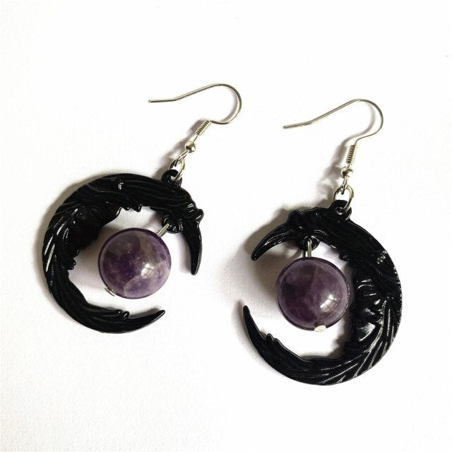 Purple Crystal Moon Earrings-Wiccan Energy Phase Earring