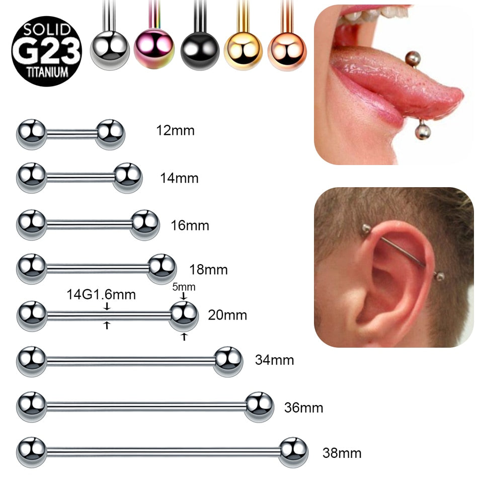 1PC Titanium Tongue, Nipple, Ear Piercings External Threaded 14G