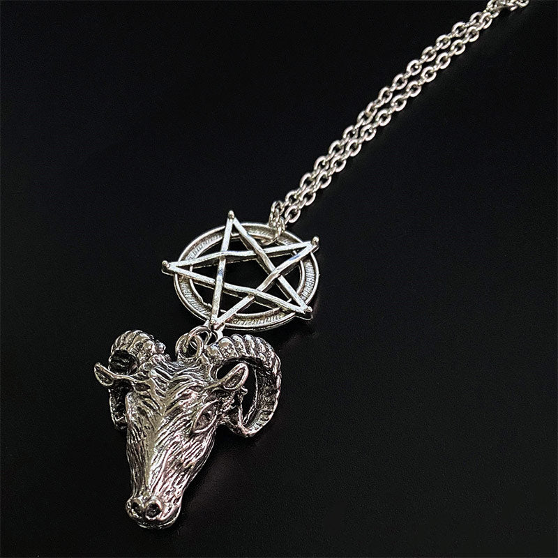Pentagram Goat Head Pendant Necklace Vintage Gothic Witchcraft Jewelry