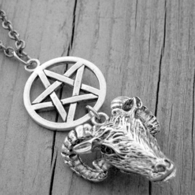 Pentagram Goat Head Pendant Necklace Vintage Gothic Witchcraft Jewelry
