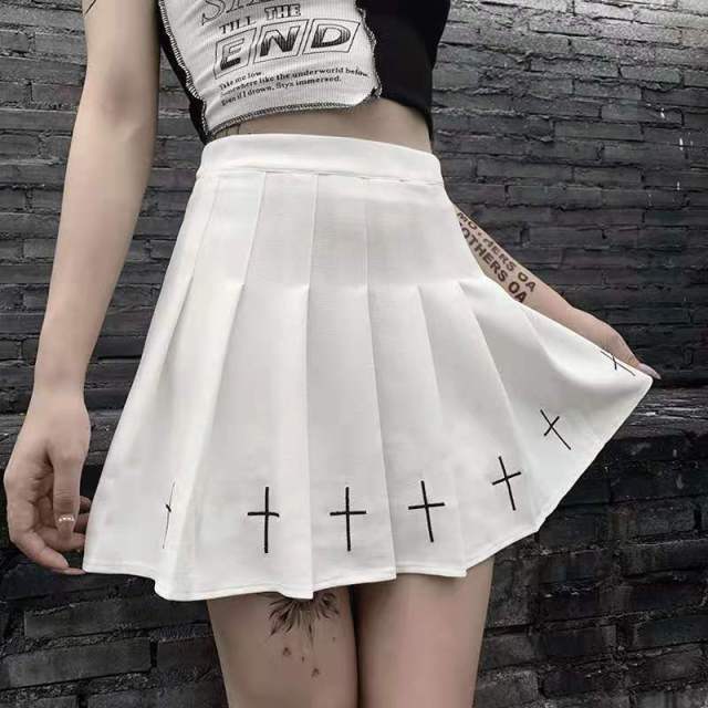 High Waist, Cross Print Pleated Mini Shirt-A-Line-Above the Knee