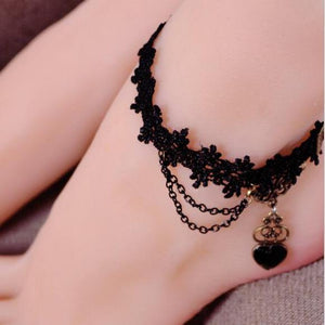 Ankle Bracelet Black Lace Barfoot heart Pendant Party